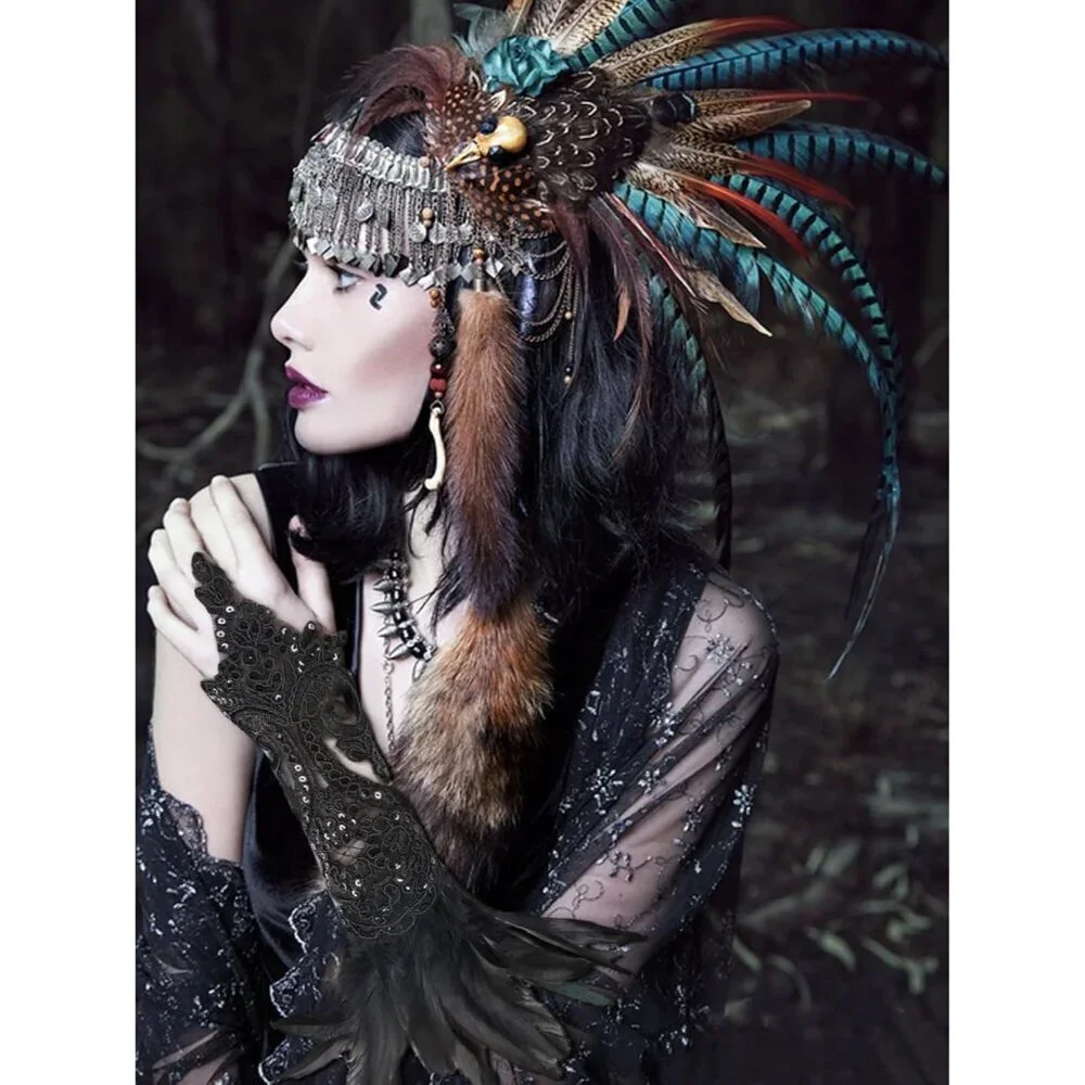 Women's Lace Feather Long Gloves Gothic Costume Accessories for Party
